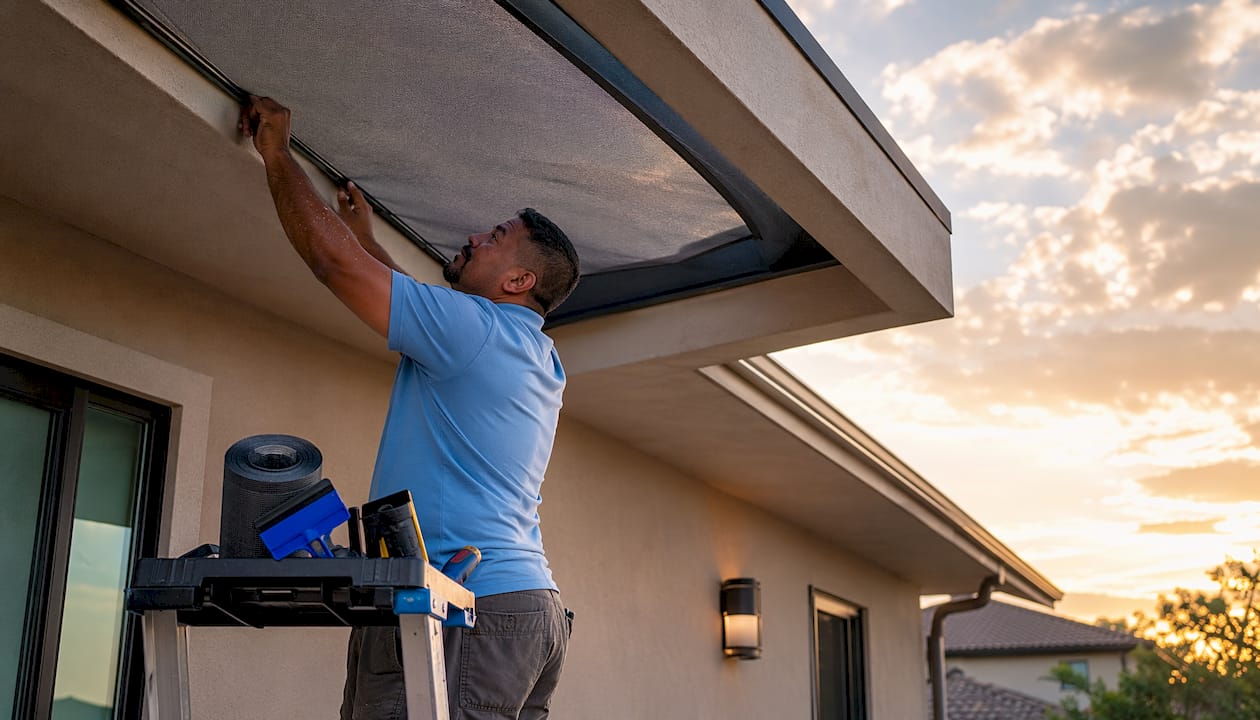 Installer fitting solar screen on skylight exterior