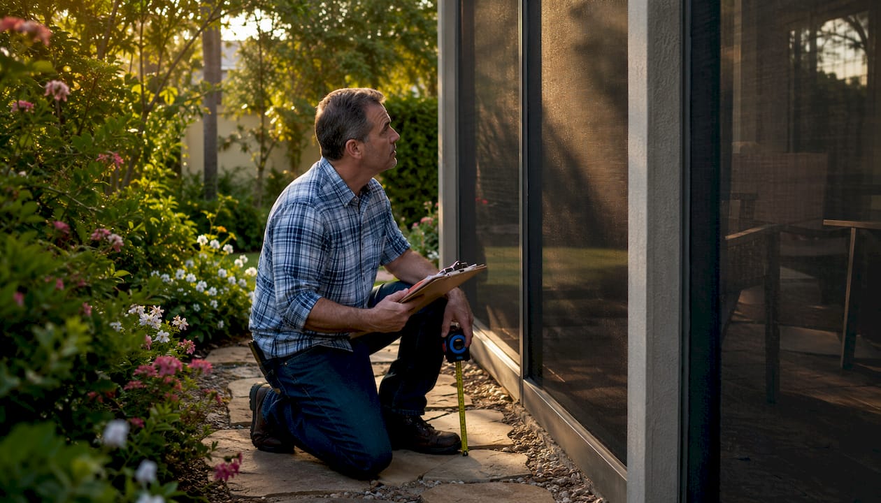 Contractor inspecting patio screen panels