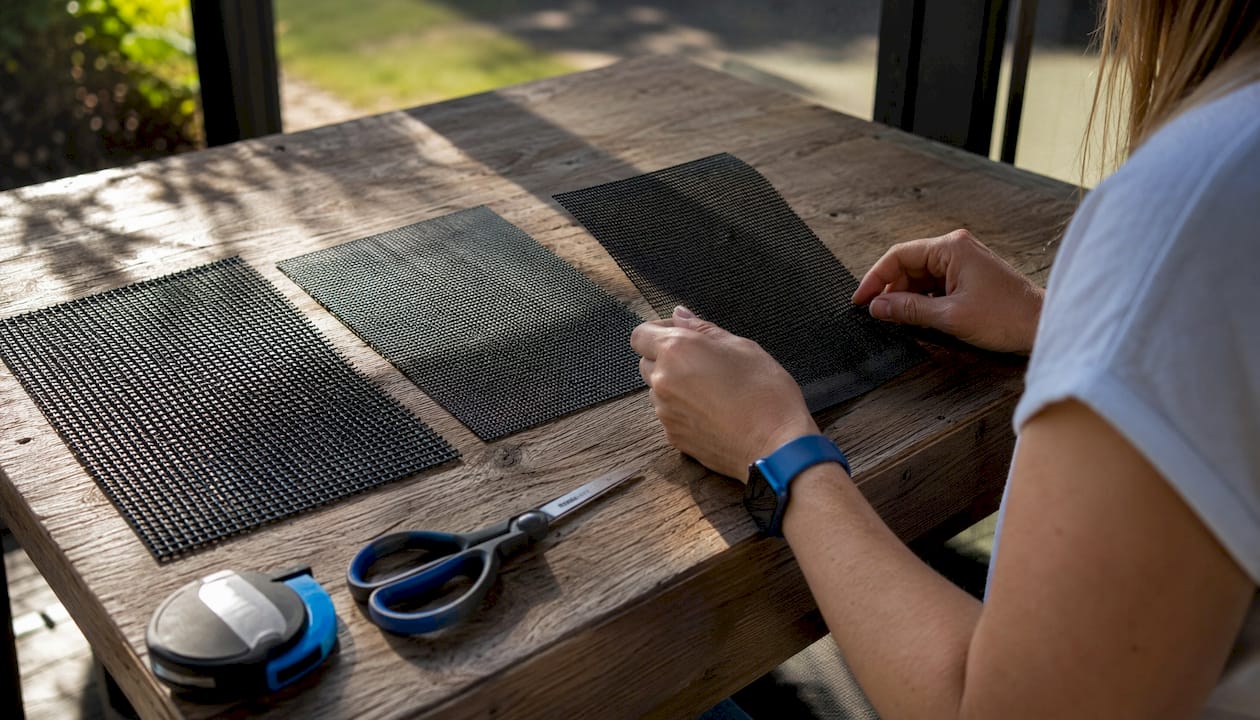 Hands comparing patio screen mesh samples