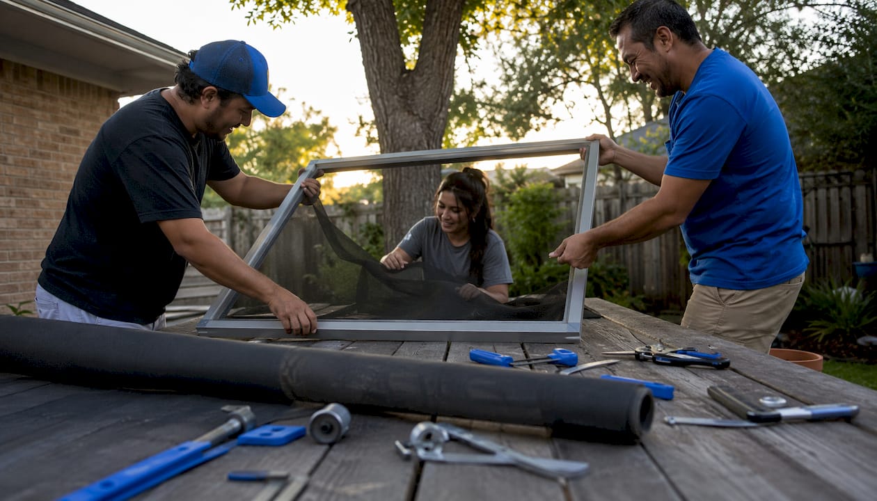 Hands installing screen mesh on patio frame