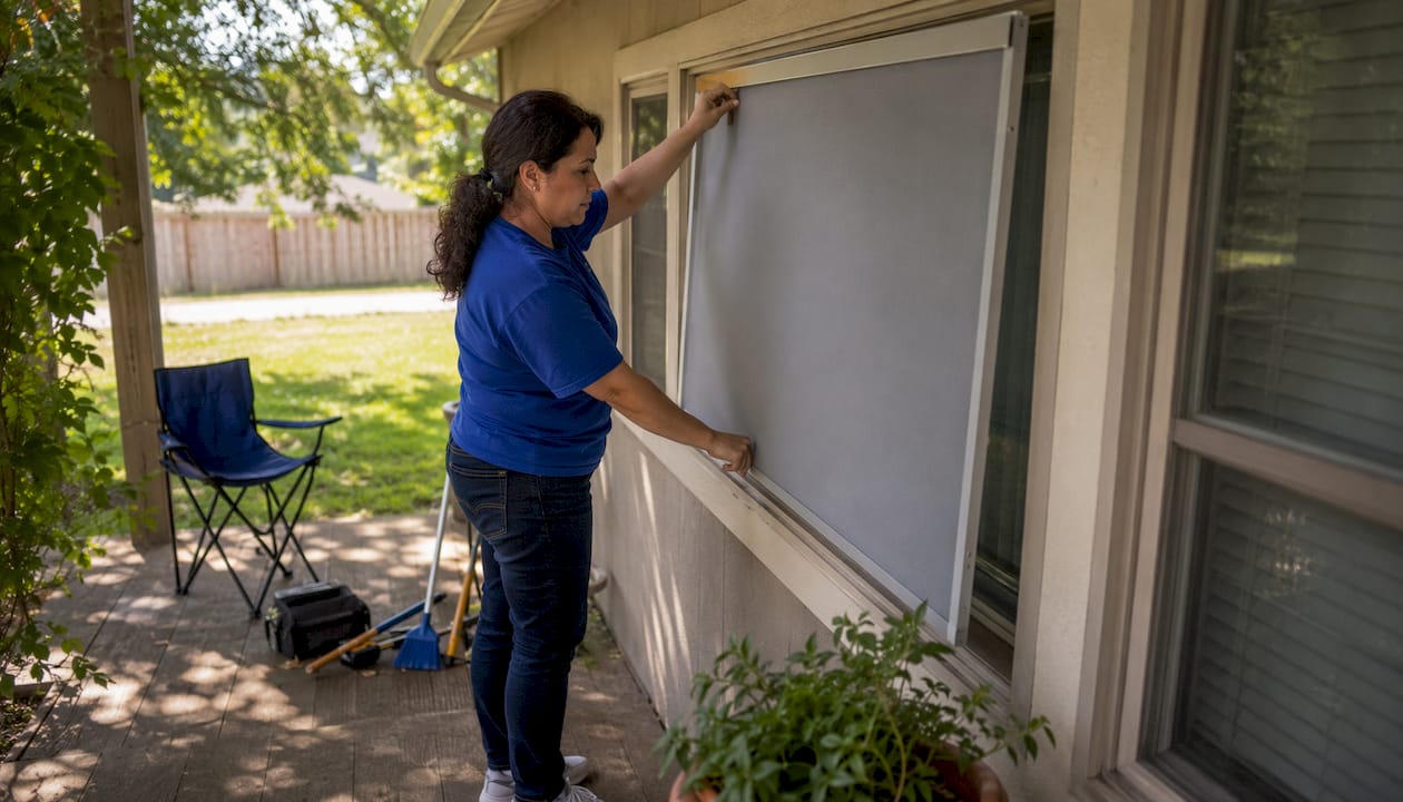 Woman installing solar screen on house window exterior