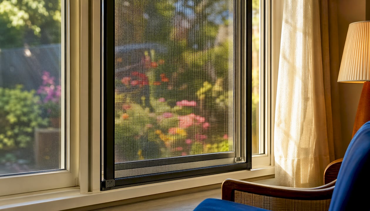Close-up of window showing air gap and solar screen mesh