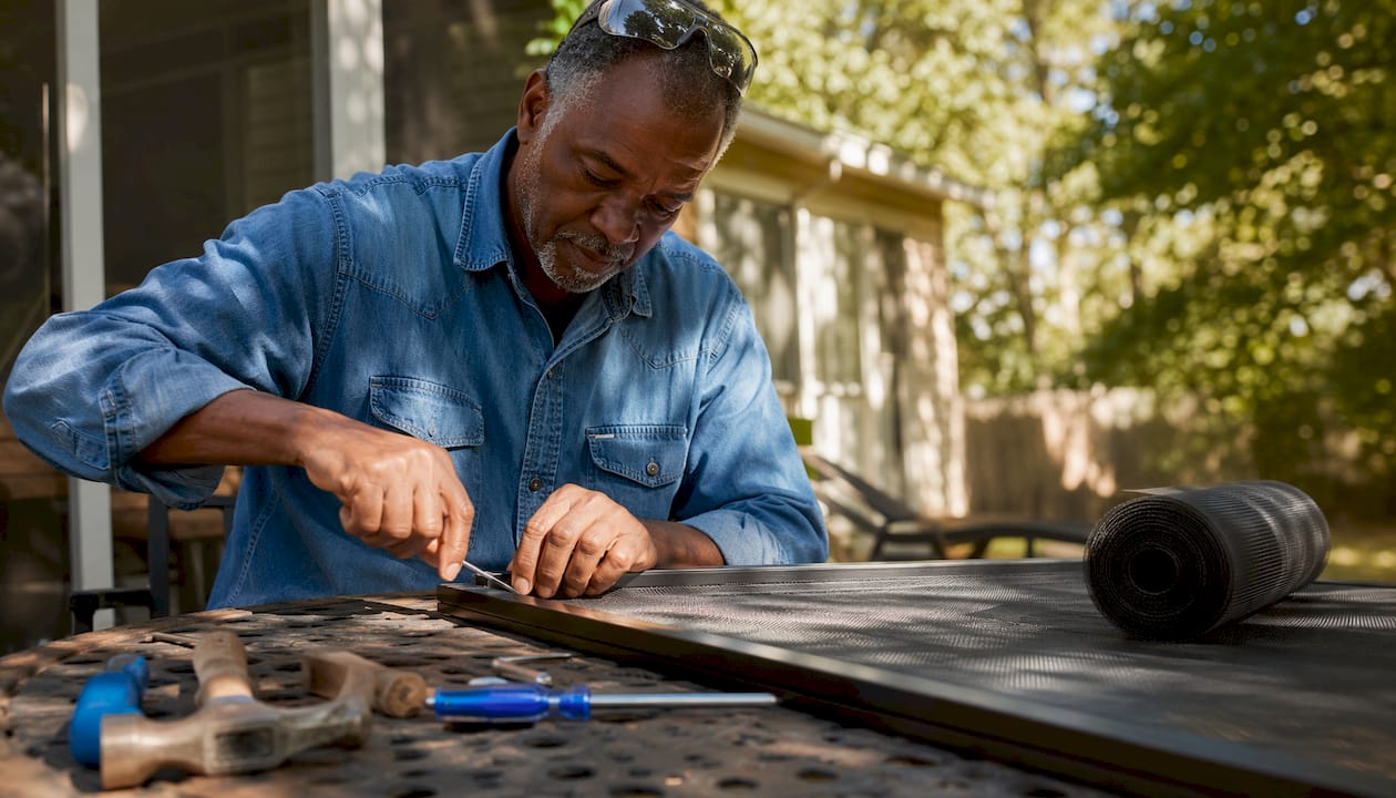 Craftsman assembling solar screen panel indoors