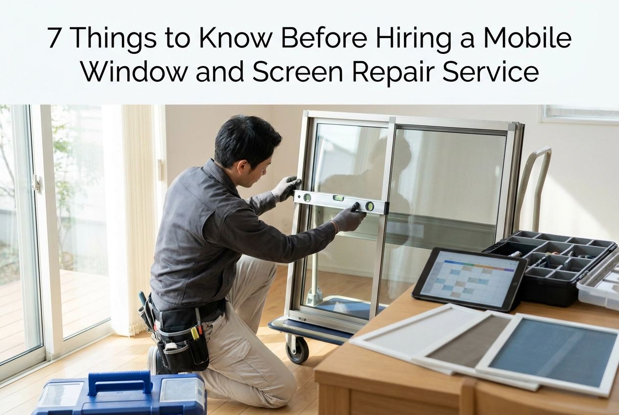 Professional header image for list-based article: 7 Things to Know Before Hiring a Mobile Window and Screen...