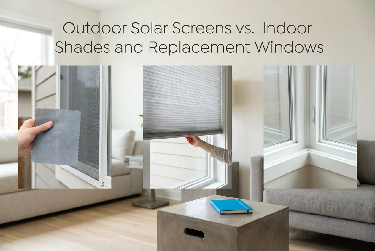 Professional header image for comparison analysis: Outdoor Solar Screens vs. Indoor Shades and Replacement W...