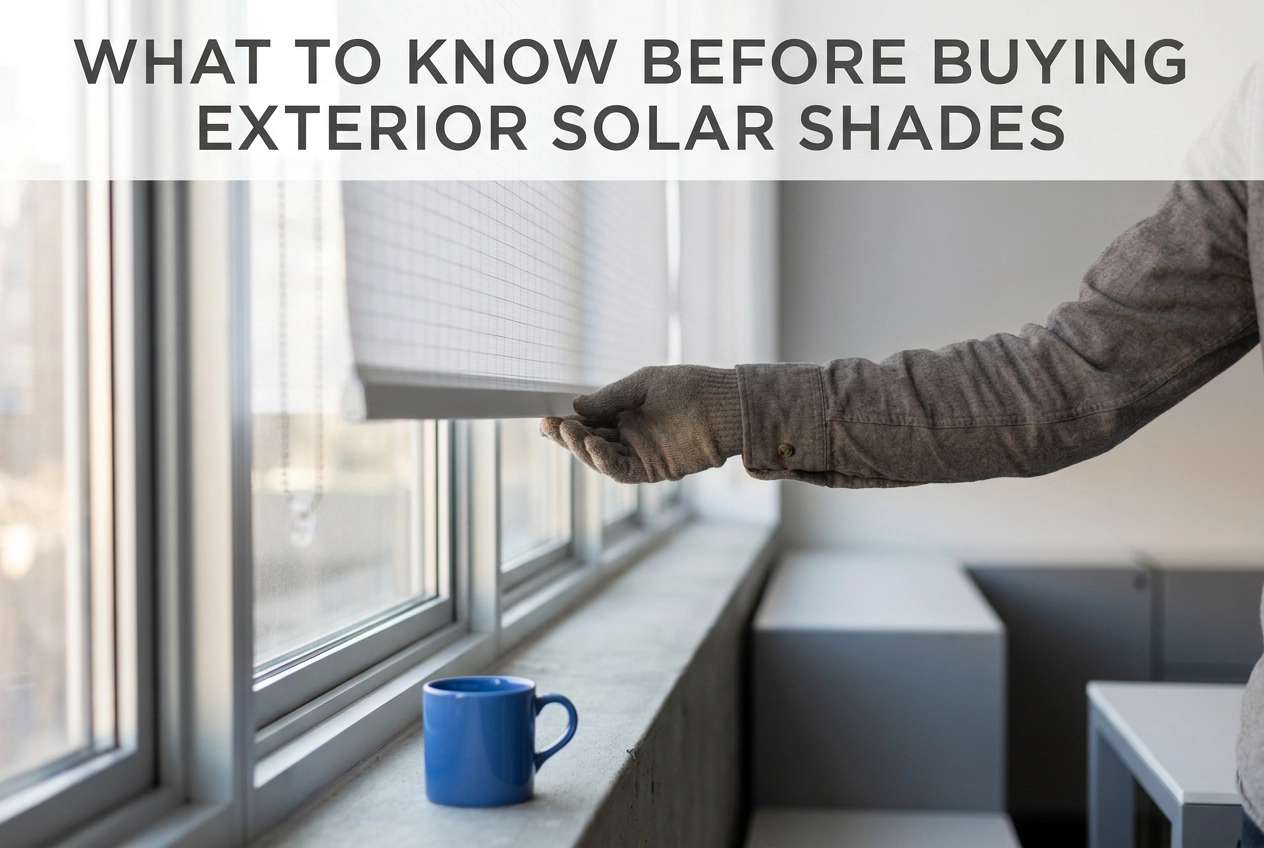 Professional header image for list-based article: What to Know Before Buying Exterior Solar Shades