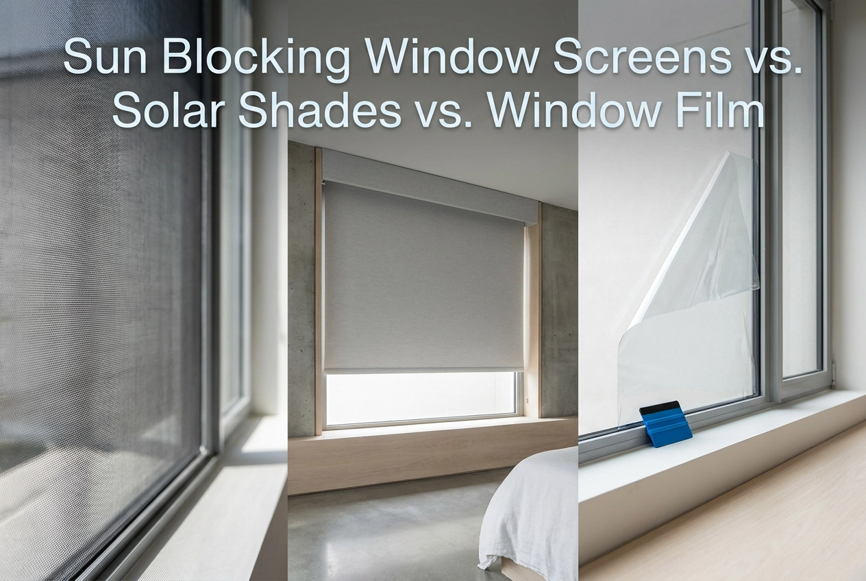 Professional header image for comparison analysis: Sun Blocking Window Screens vs. Solar Shades vs. Window Film